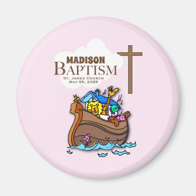 Anpassbar, Baby Girl Baptism Noah's Ark Magnet (Vorne)