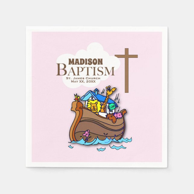 Anpassbar, Baby Girl Baptism Noah's Ark Serviette (Vorderseite)