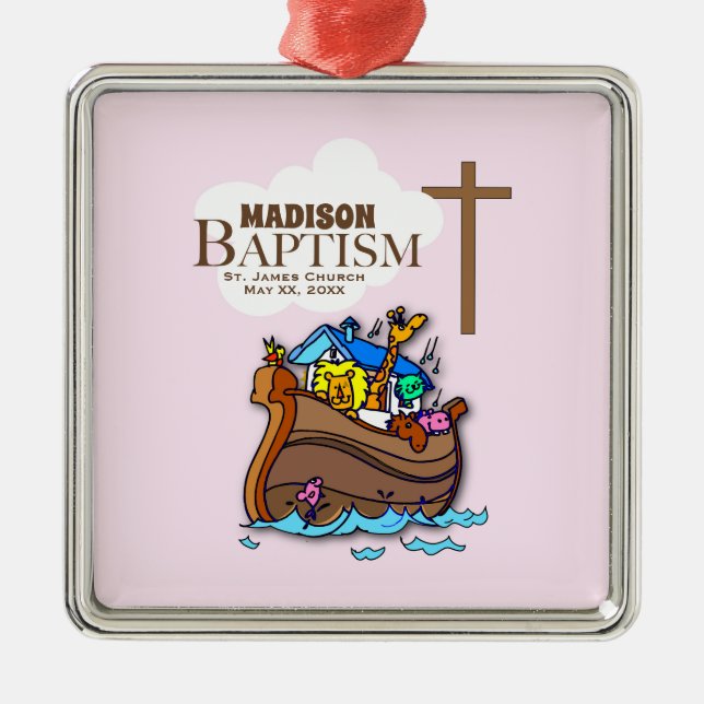 Anpassbar, Baby Girl Baptism Noah's Ark Silbernes Ornament (Vorne)