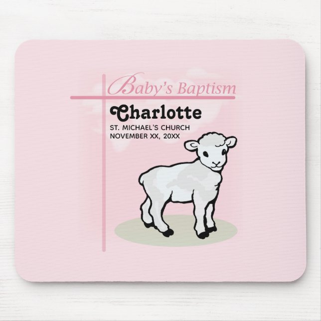 Anpassbar, Taufe, Rosa, Mädchen, Lamm Mousepad (Vorne)