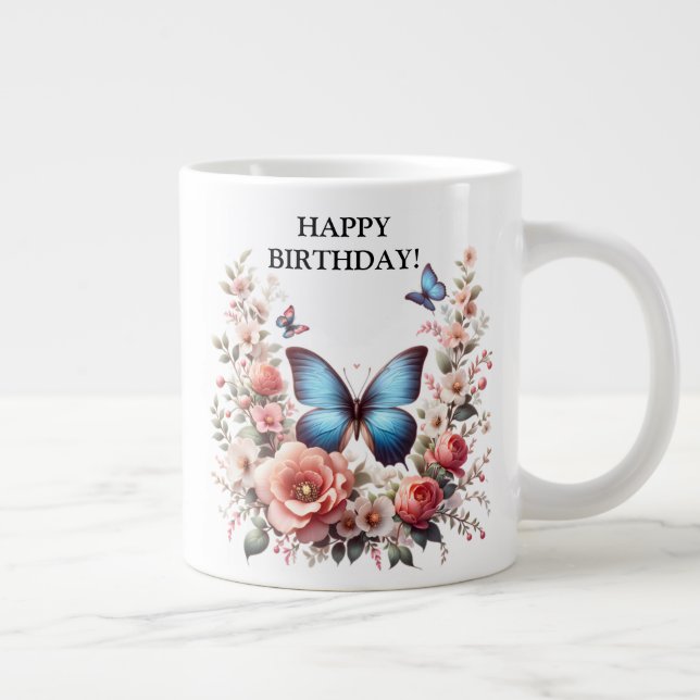 Anpassbare blaue Schmetterlings-Blumenkunst-96279 Jumbo-Tasse (Rechts)