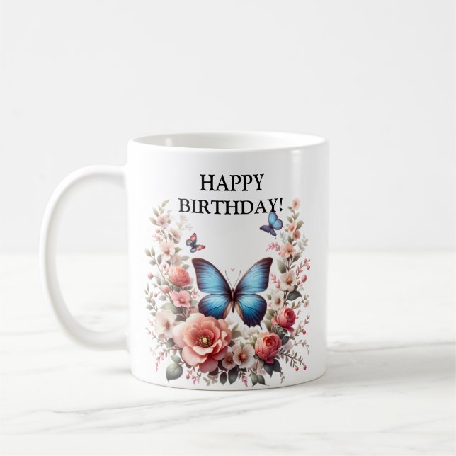 Anpassbare Blaue Schmetterlings-Blumenkunst-96279 Kaffeetasse (Links)