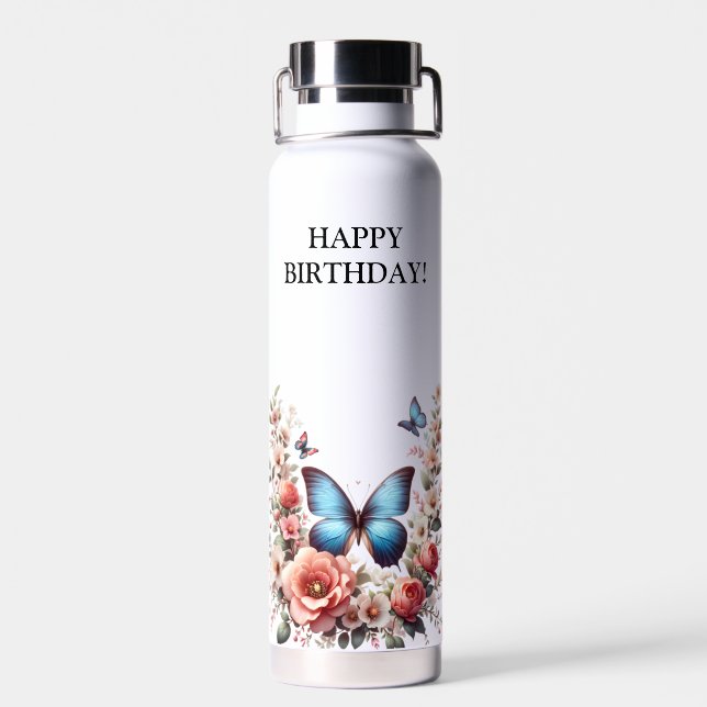Anpassbare Blaue Schmetterlings-Blumenkunst-96279 Trinkflasche (Rückseite)
