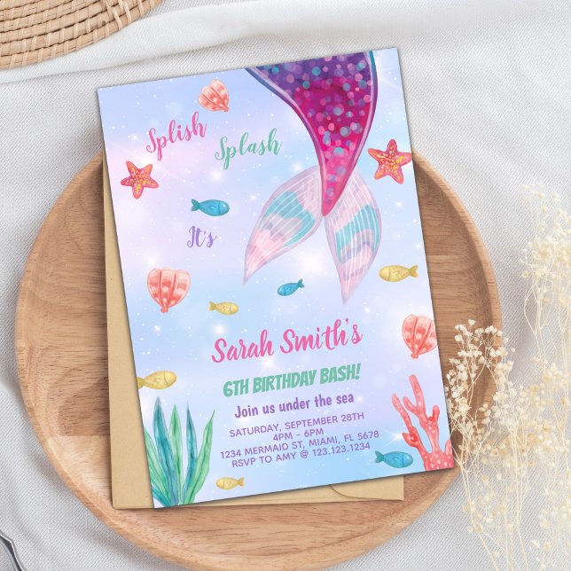 Anpassbare dunkelrosa Meerjungfrau zum Geburtstag Einladung (Dark Pink on top mermaid Birthday Invitation)
