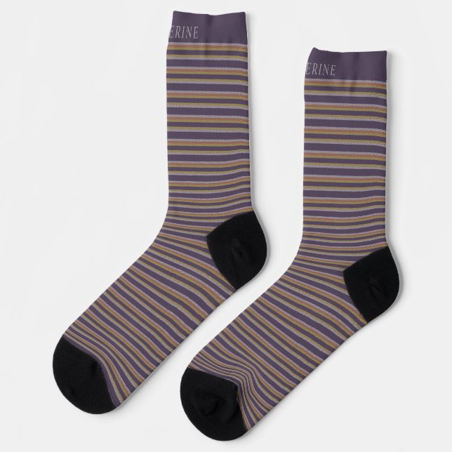 Anpassbare Dunkle Pflaume Lila Graue Streifen Socken (Linkes Detail)