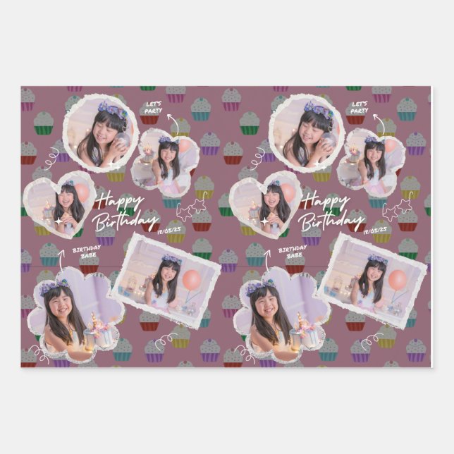 Anpassbare Happy Birthday Cupcake Foto Collage Geschenkpapier Set (Vorderseite)