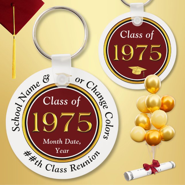 Anpassbare Kosten, Wiedersehen 1975, Geschenke Schlüsselanhänger (Class of 1975 Reunion, Keychains. Nice class reunion party favors for the Class of 75. Maroon, White)