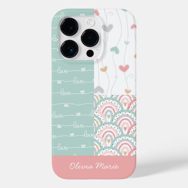 Anpassbare Namenspatchwork-Liebe Hearts Rainbows Case-Mate iPhone Hülle (Rückseite)