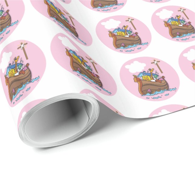 Anpassbare Noahs Ark Baby Taufe, Girl Pink Geschenkpapier (Rolleneckpunkt)