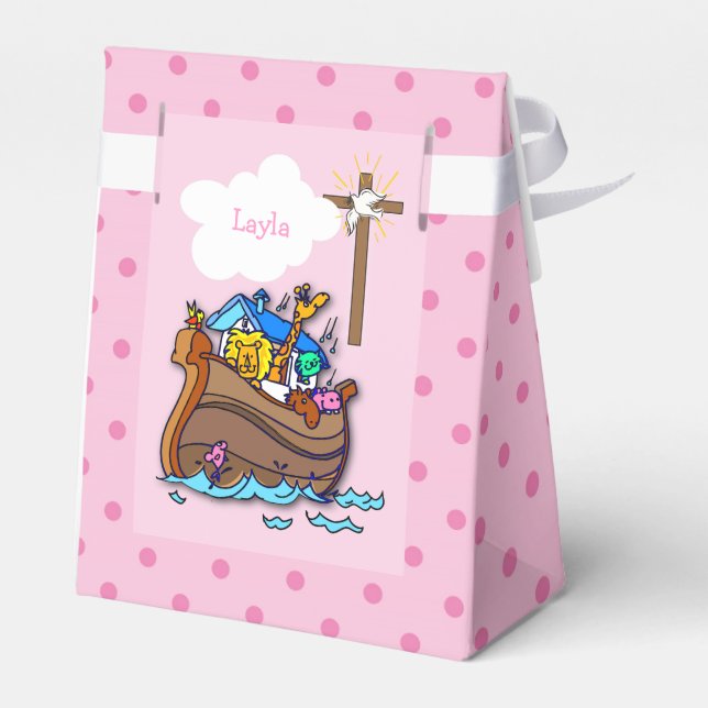 Anpassbare Noahs Ark Baby Taufe, Girl Pink Geschenkschachtel (Rückseite)