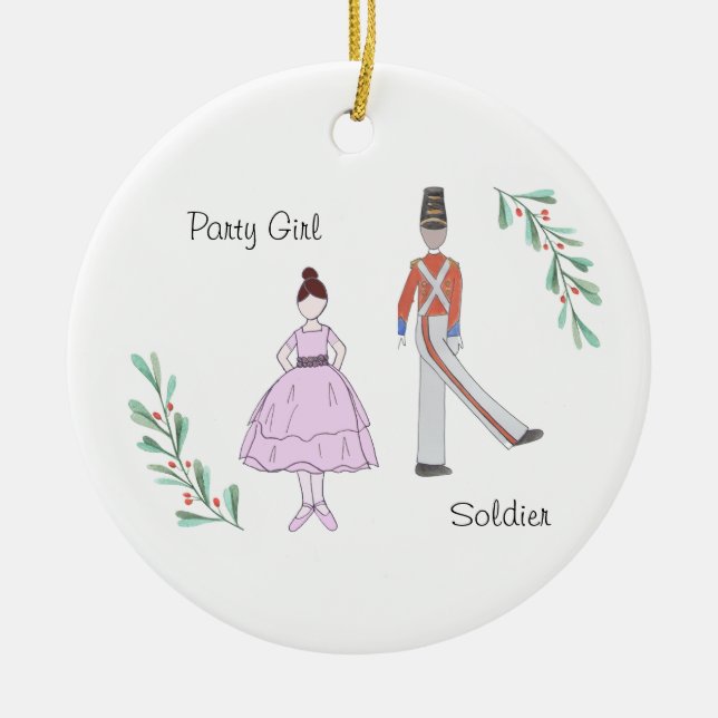 Anpassbare Nutcracker-Soldat/Party-Girl Keramik Ornament (Vorne)