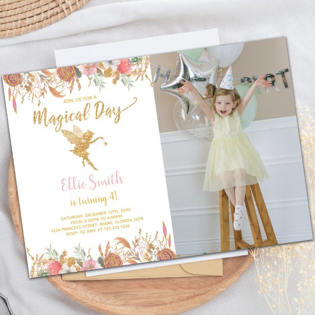 Anpassbare Party Einladungen für Kinder (Glitter Floral Fairy Birthday Invitations w photo)