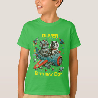 Anpassbare Retro-Roboter und -Katze im Weltraum T-Shirt