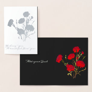 Anpassbare rote Nelke Floral Schwarz Neujahr Folienkarte