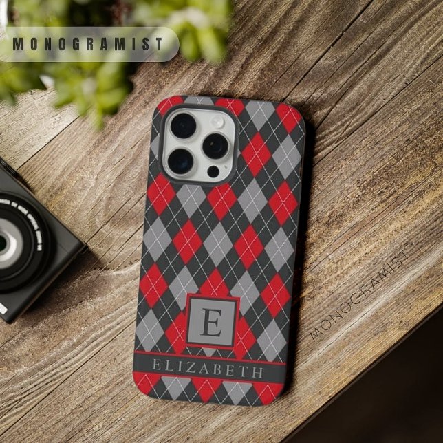 Anpassbare schwarze rote graue Farbe Argyle iPhone Hülle (Customizable Black Red Grey Color Argyle iPhone Case)