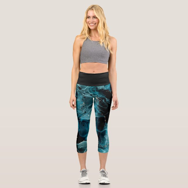 Anpassbare schwarze und blaue Caprihosen mit hoher Capri Leggings (Vorderseite)