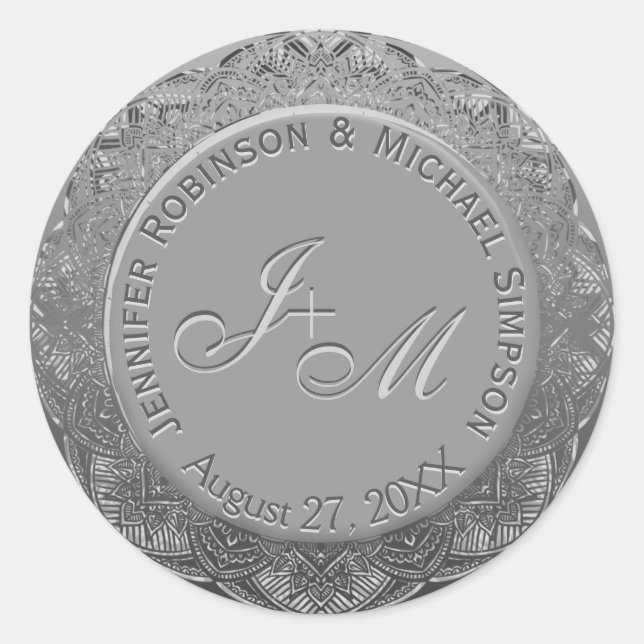 Anpassbare Silver Monogram Wedding Siegel Runder Aufkleber (Vorderseite)