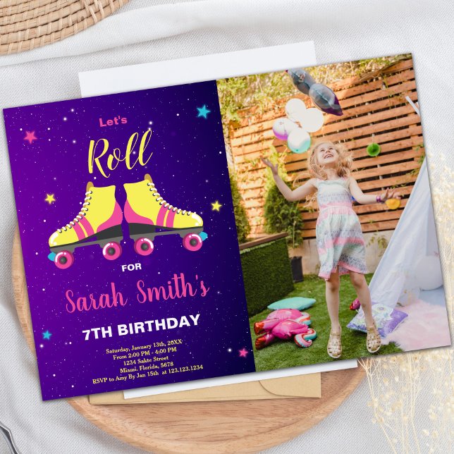 Anpassbare Skaten-Party Einladungen für Kinder (Pink Roller birthday invitations with photo)