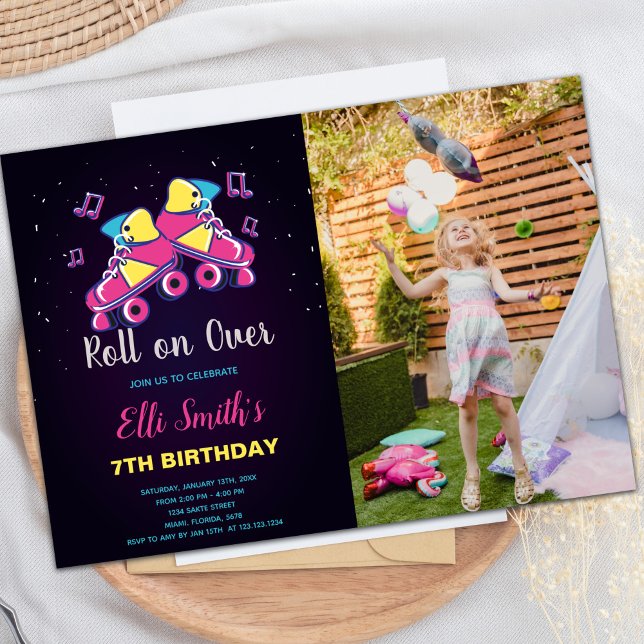 Anpassbare Skaten-Party Einladungen für Kinder (Pink Yellow Skate Invitations with photo)