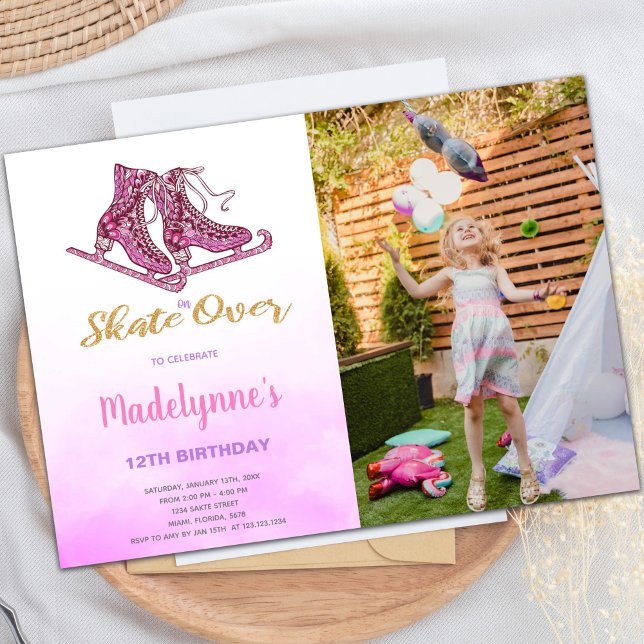 Anpassbare Skaten-Party Einladungen für Kinder (Pink Ice Skating Birthday Invitations with photo)