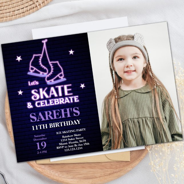 Anpassbare Skaten-Party Einladungen für Kinder (Ice Skating Birthday Invitations with photo)