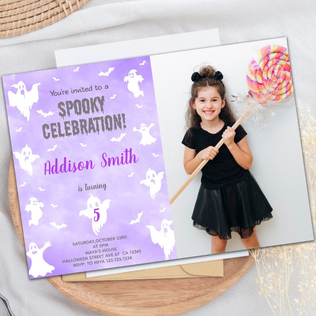 Anpassbare Spooky-Party Einladungen für Kinder (Purple Halloween Birthday Invitations w photo)