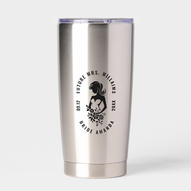 Anpassbare Textbrücke mit Blume-Silhouette Thermobecher (Vorderseite)