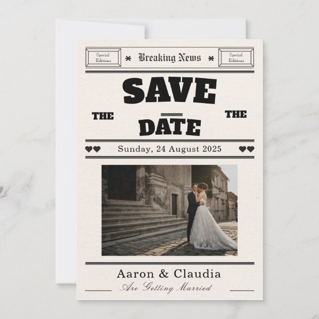 Anpassbare Vintage-Zeitung Save the Date  Einladung (Rückseite)