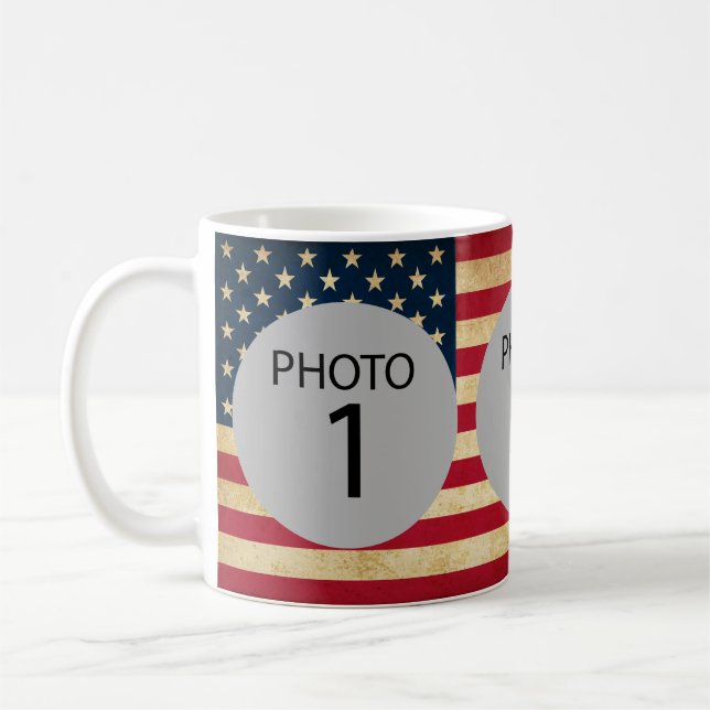 Anpassbare Vorlage 3 FOTOS auf amerikanischer Flag Kaffeetasse (Links)