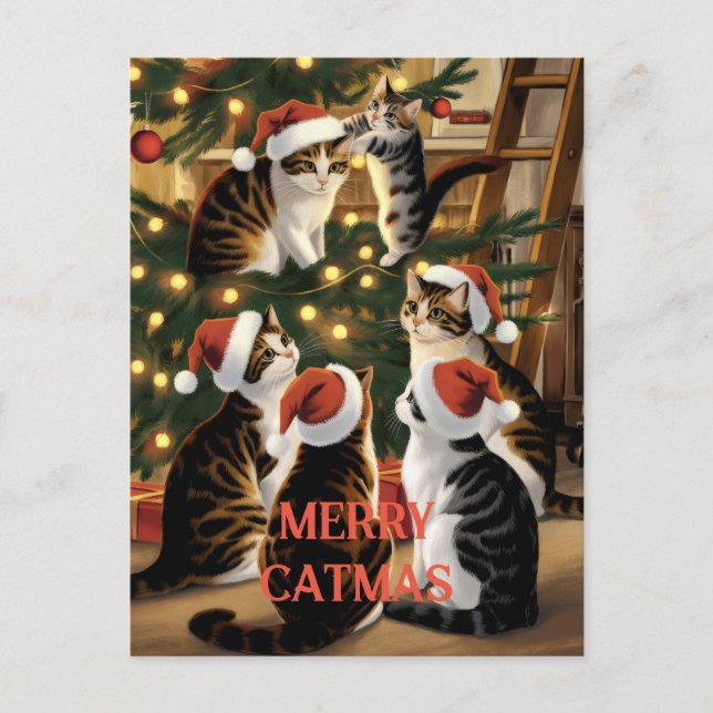 Anpassbare Weihnachten Süße Vintage-Katzen Postkarte (Vorderseite)