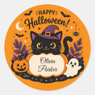 Anpassbarer Halloween-Name-Aufkleber für Katzenlie Runder Aufkleber