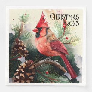 Anpassbarer Kardinal auf Evergreen Tree Weihnachte Serviette