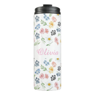 Anpassbarer Name Florales Pfotenmuster-Thermobeche Thermosbecher