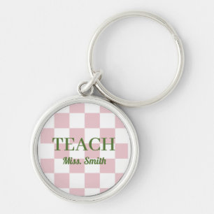 Anpassbarer Name Teach Tote Cute Pink Kariert Schlüsselanhänger