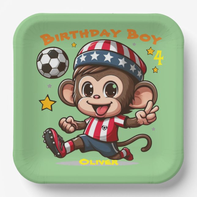 Anpassbarer Niedlicher Happy Monkey Soccer Player Pappteller (Vorderseite)