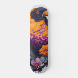 Anpassbarer Orangenpapagei mit Blume Skateboard