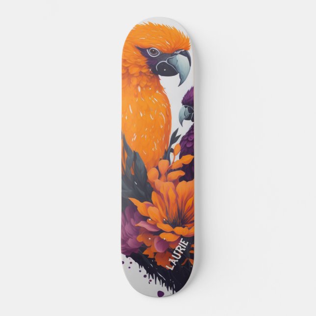 Anpassbarer Orangenpapagei mit Blume Skateboard (Vorderseite)