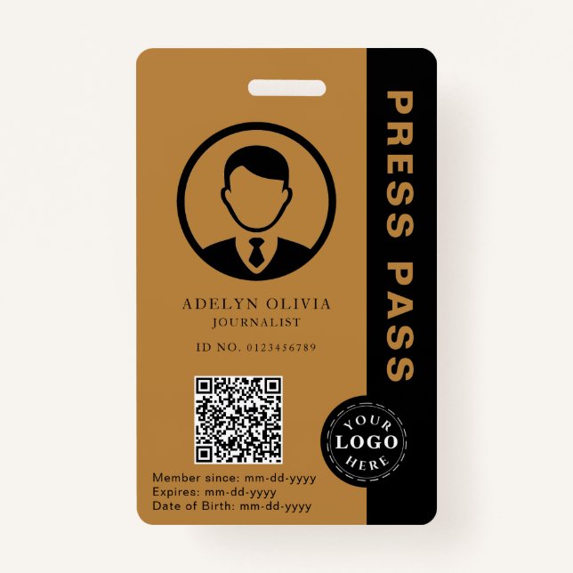 Anpassbarer Pressepass mit Foto-ID und QR-Code Ausweis (Vorderseite)