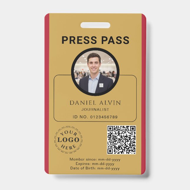 Anpassbarer Pressepass mit Foto-ID und QR-Code Ausweis (Vorderseite)