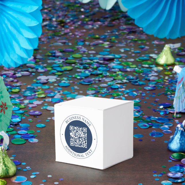 Anpassbarer QR-Code & Text | Dunkles Marineblau Geschenkschachtel (Party)
