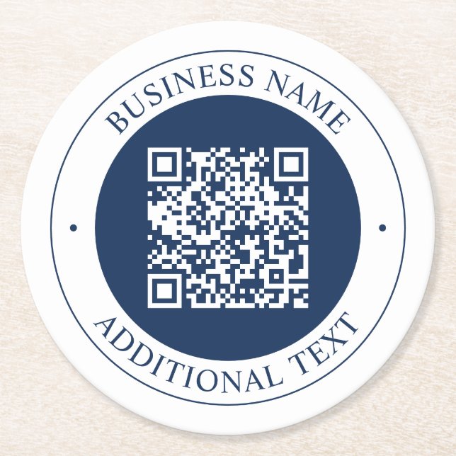 Anpassbarer QR-Code & Text | Dunkles Marineblau Runder Pappuntersetzer (Vorderseite)