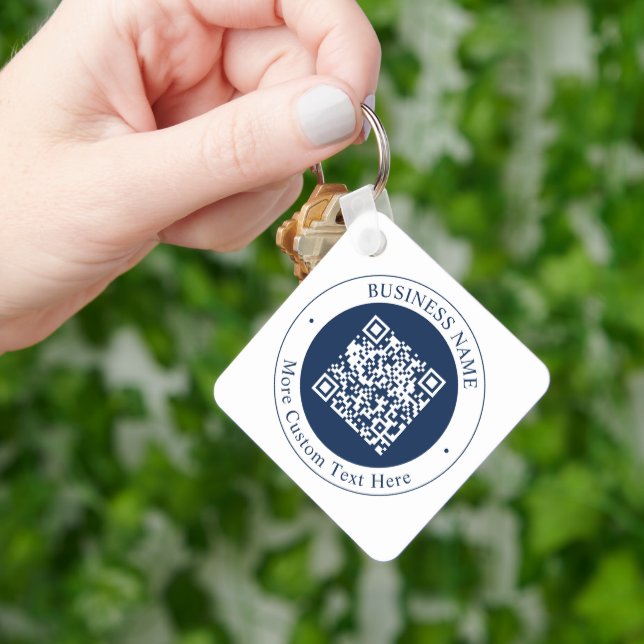 Anpassbarer QR-Code & Text | Dunkles Marineblau Schlüsselanhänger (Hand)