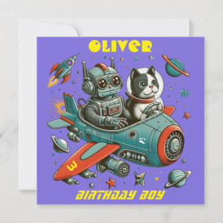 Anpassbarer Retro-Roboter und Katze im Weltraum