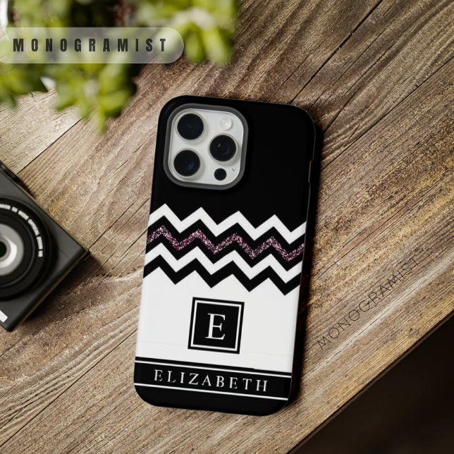 Anpassbarer Schwarz-weißer Lila Glitzer Zickzack iPhone Hülle (Customizable Black White Purple Glitter Chevron iPhone Case)