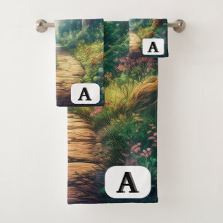 Anpassbarer Sommerwaldweg mit Monogramm Badhandtuch Set