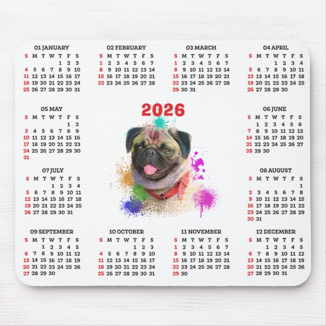 Anpassbarer süßer Mops-Hund-Kalender  Mousepad (Vorne)