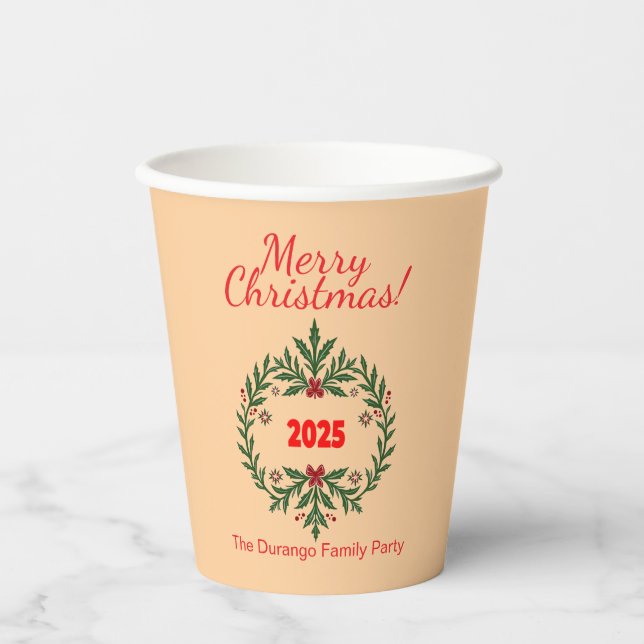 Anpassbarer Weihnachts-Blumenkranz  Pappbecher (Vorderseite)