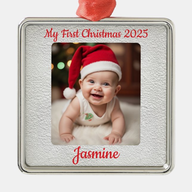 Anpassbares Baby-Erstes-Christmas-Quadrat Ornament Aus Metall (Vorne)