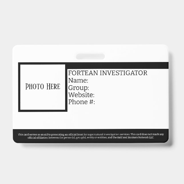 Anpassbares Fortean Investigator ID-Abzeichen Ausweis (Vorderseite)
