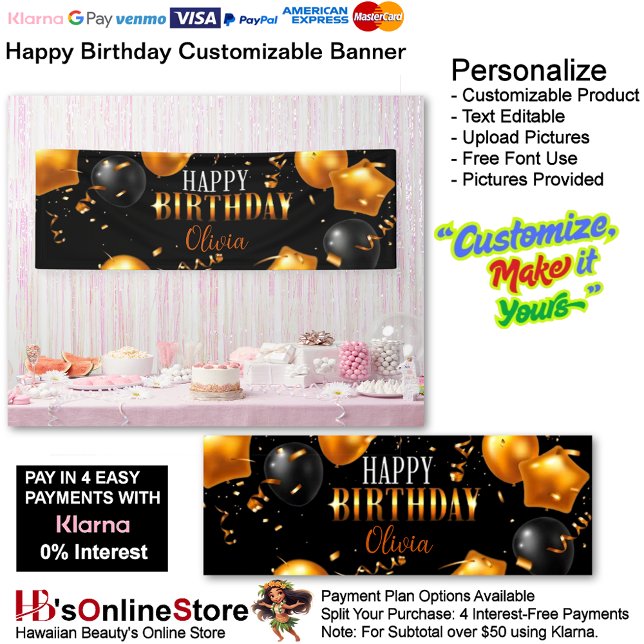 Anpassbares Happy Birthday Banner 4 (Happy Birthday Gold Black Party Supplies Celebrate Decoration Presents 4.)